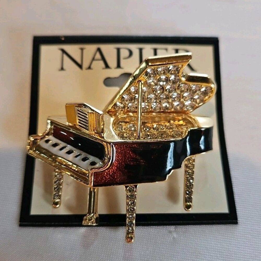 Vintage Napier Signed Piano Brooch Gold Tone Enamel Clear Rhinestone Music Pin